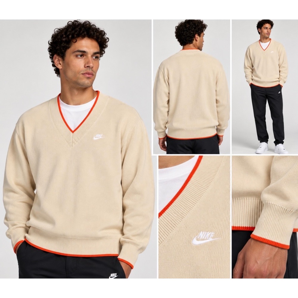 Nike Sportswear Club V-Neck Sweater Men's medium Beige Orange Loose Fit NWT